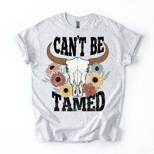 Western CAN'T BE TAMED Bull Skull Flowers Boho Cowgirl Country Concert T-shirt
